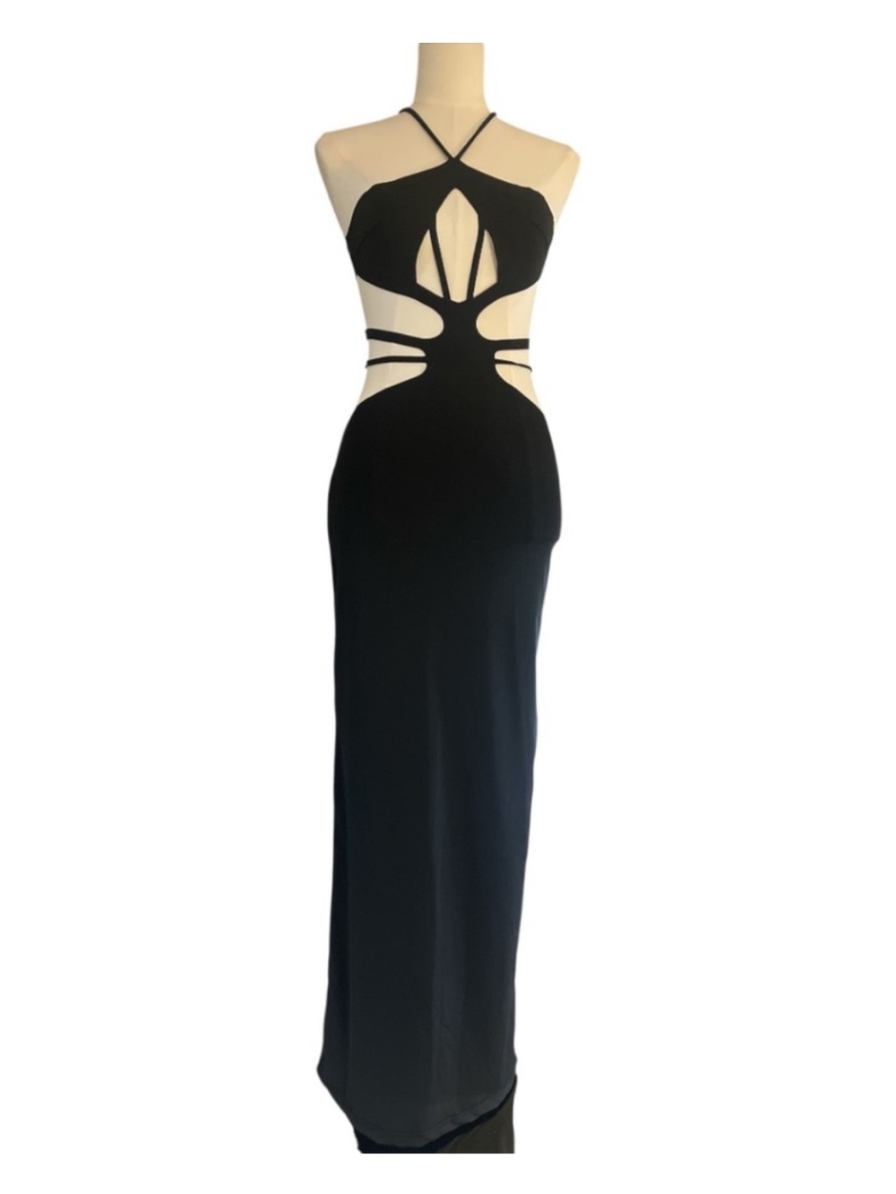 Meshki Black Sculpted Cutout Halter Maxi Dress